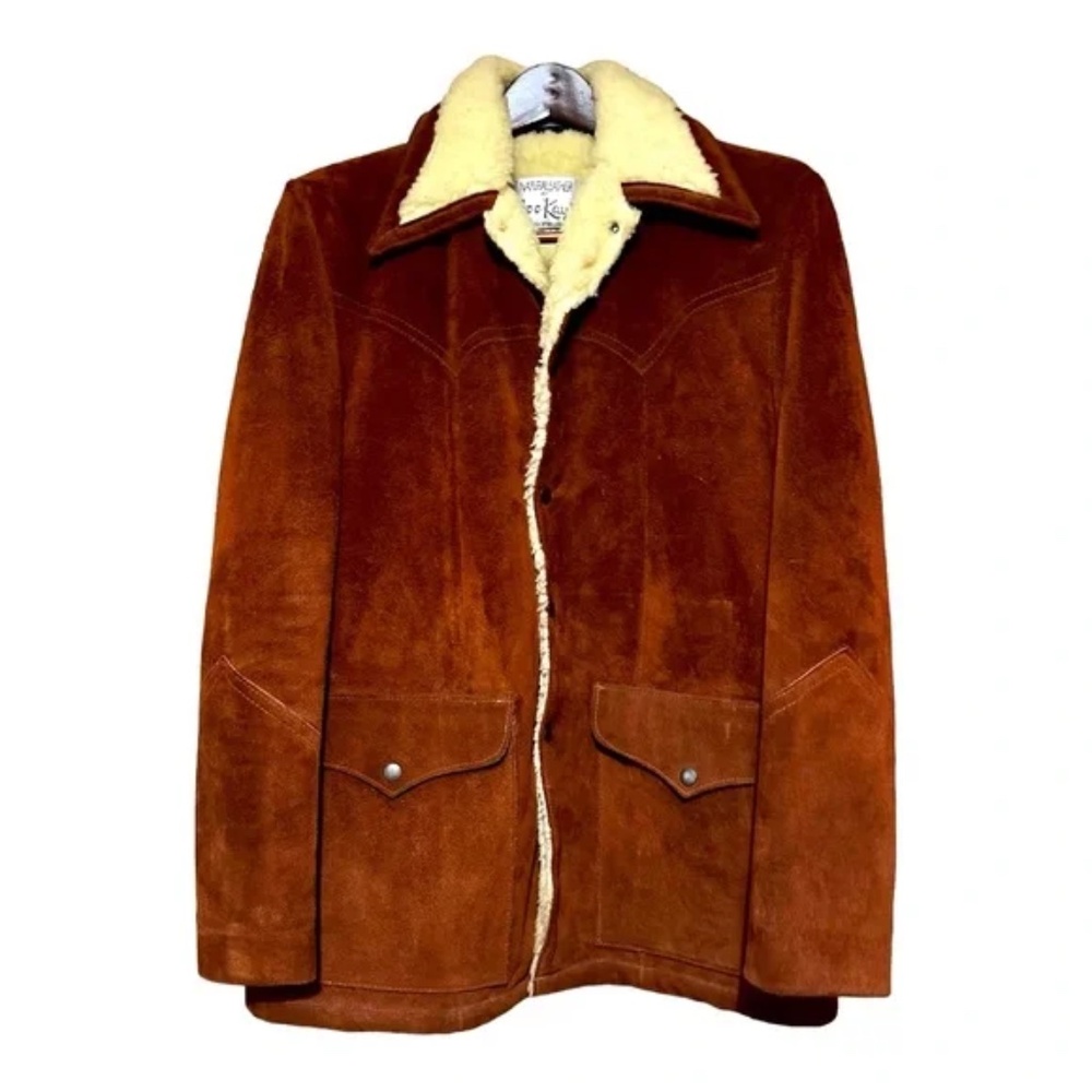 Vintage Brown Suede Shearling Jacket with Cream Collar